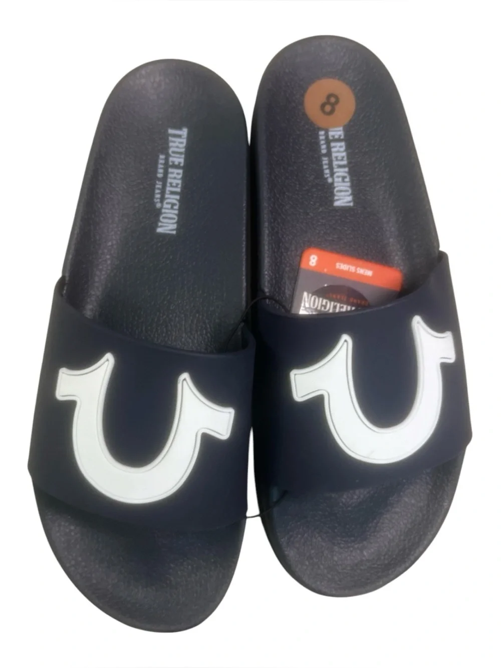 True Religion Men's Navy Slide Sandals with White Logo